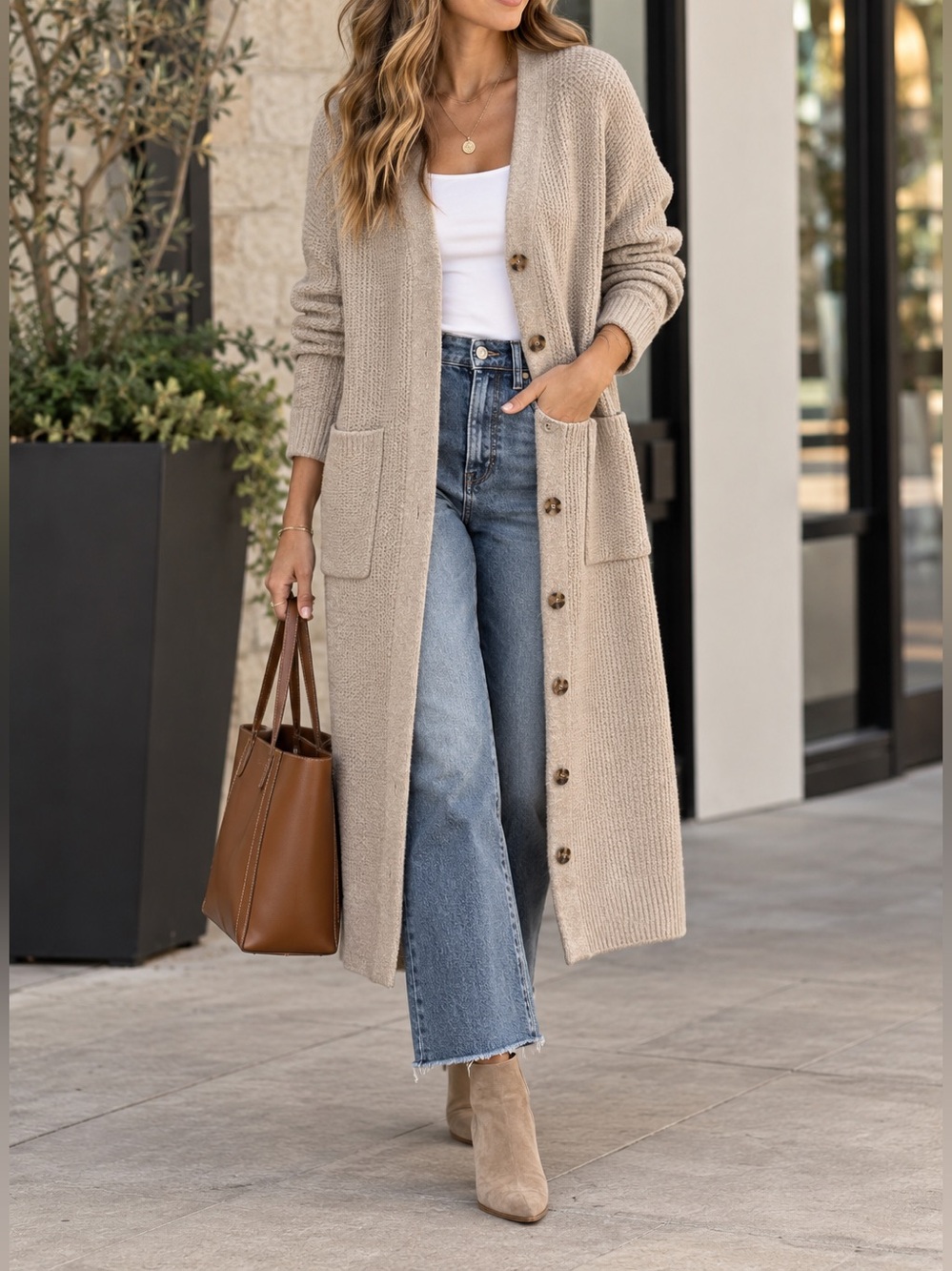 a new day Oatmeal Beige Ribbed Knit Long Button-Front Cardigan